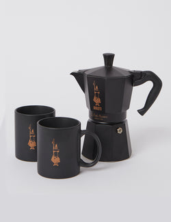 Bialetti Moka Express Stovetop Coffee Maker and Mugs - Black