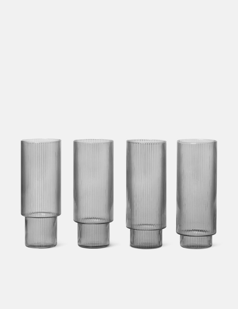 Ferm Living Ripple Long Drink Glasses (Set of 4) - Smoked Grey