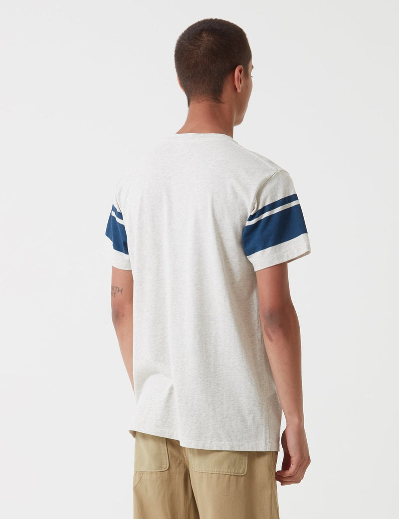 Velva Sheen College Arm Stripe USA Made T-shirt - Oatmeal/Navy