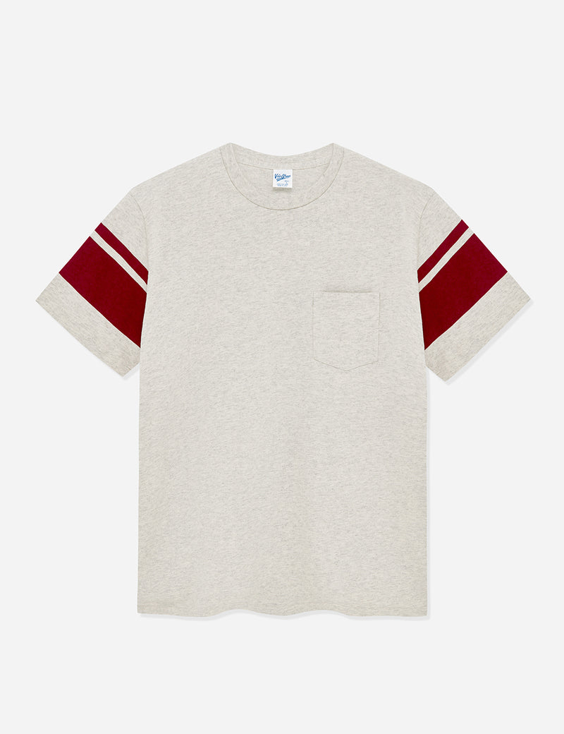 Velva Sheen College Arm Stripe USA Made T-shirt - Oatmeal/Burgundy