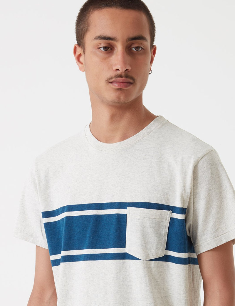 Velva Sheen College Stripe USA Made T-shirt - Oatmeal/Navy