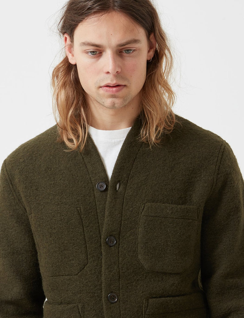 Universal Works Cardigan Wool Fleece Olive Green