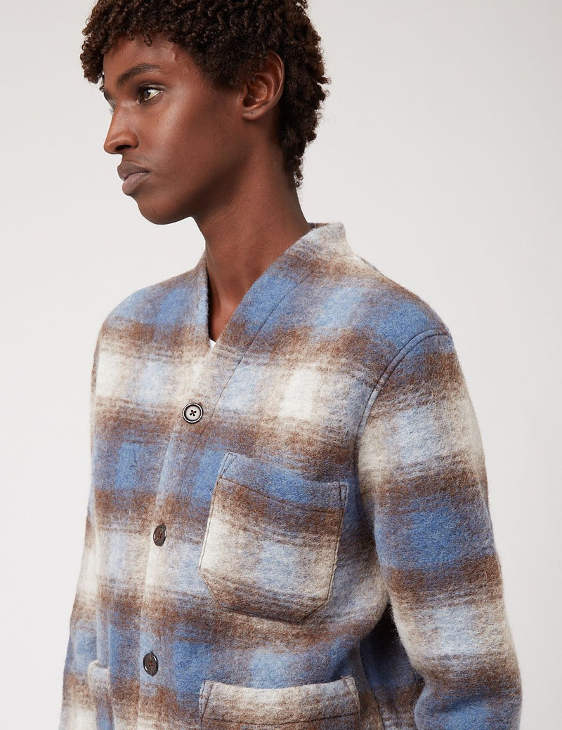 Universal Works Cardigan (Checked Wool Fleece) - Blue/Brown