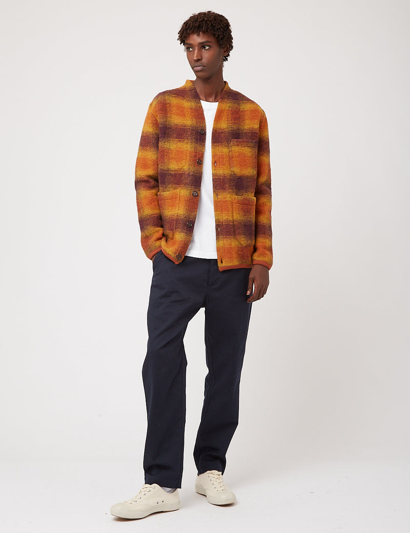 Universal Works Cardigan (Checked Wool Fleece) - Gold/Claret Orange
