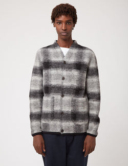 Universal Works Cardigan (Checked Wool Fleece) - Grey/Charcoal