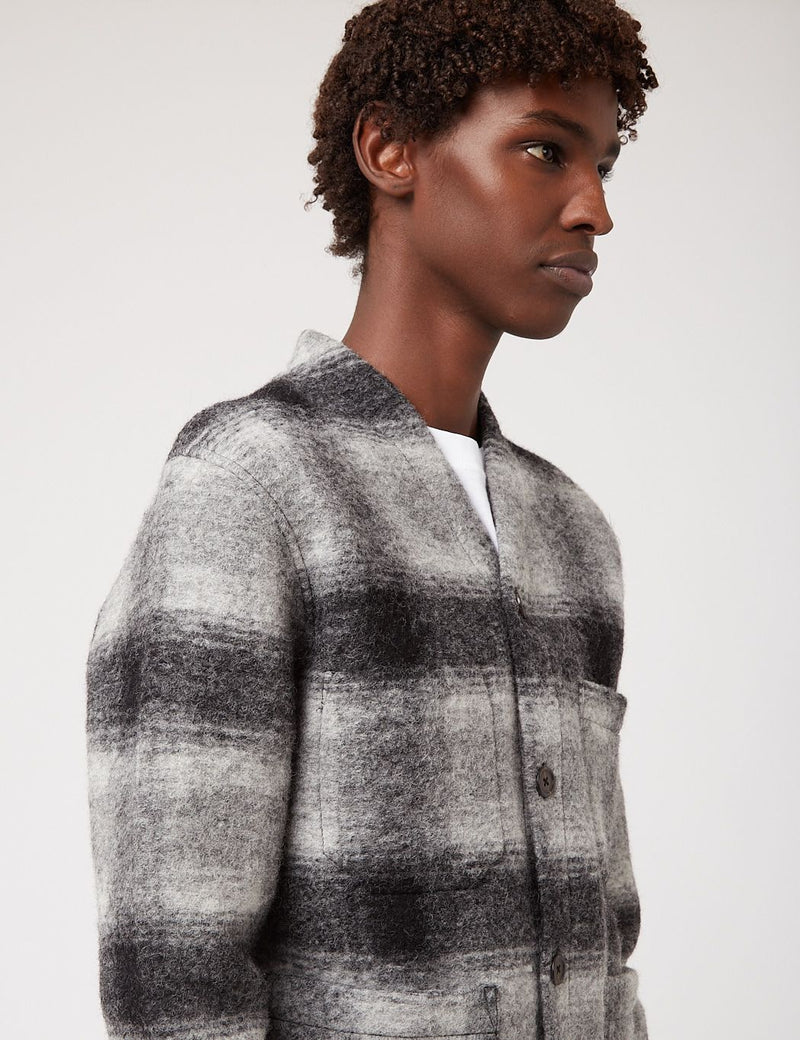 Universal Works Cardigan (Checked Wool Fleece) - Grey/Charcoal