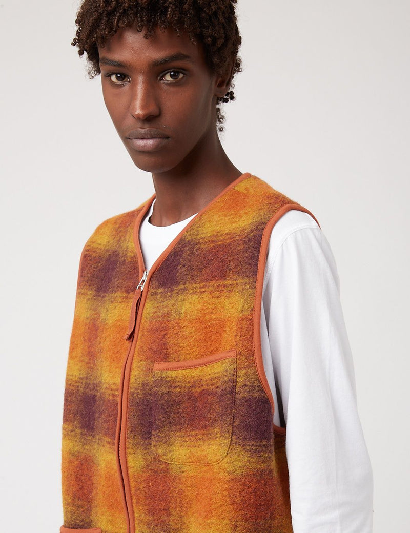 Universal Works Zip Gilet (Checked Wool Fleece) - Gold/Claret