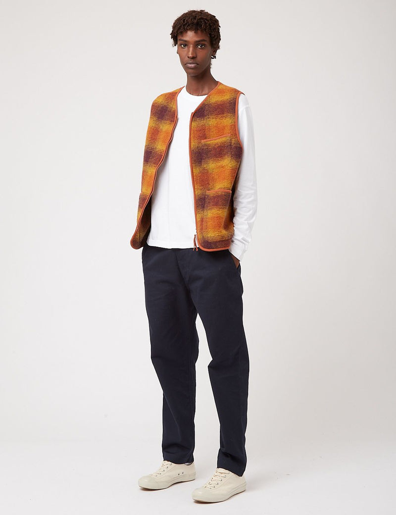 Universal Works Zip Gilet (Checked Wool Fleece) - Gold/Claret