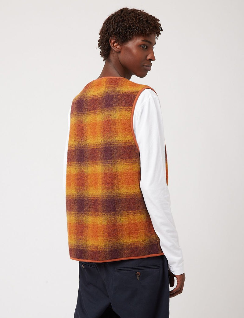 Universal Works Zip Gilet (Checked Wool Fleece) - Gold/Claret