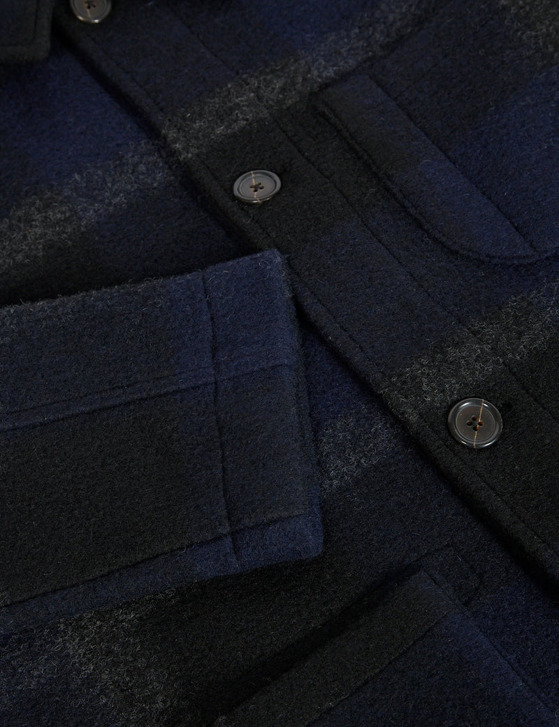 Universal Works Field Jacket (Large Plaid Fleece) - Black/Grey