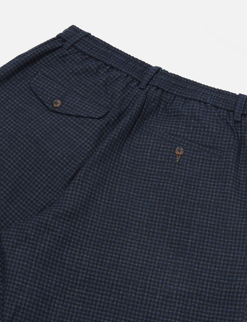 Universal Works Pleated Track Pant (Relaxed) - Navy Blue Check