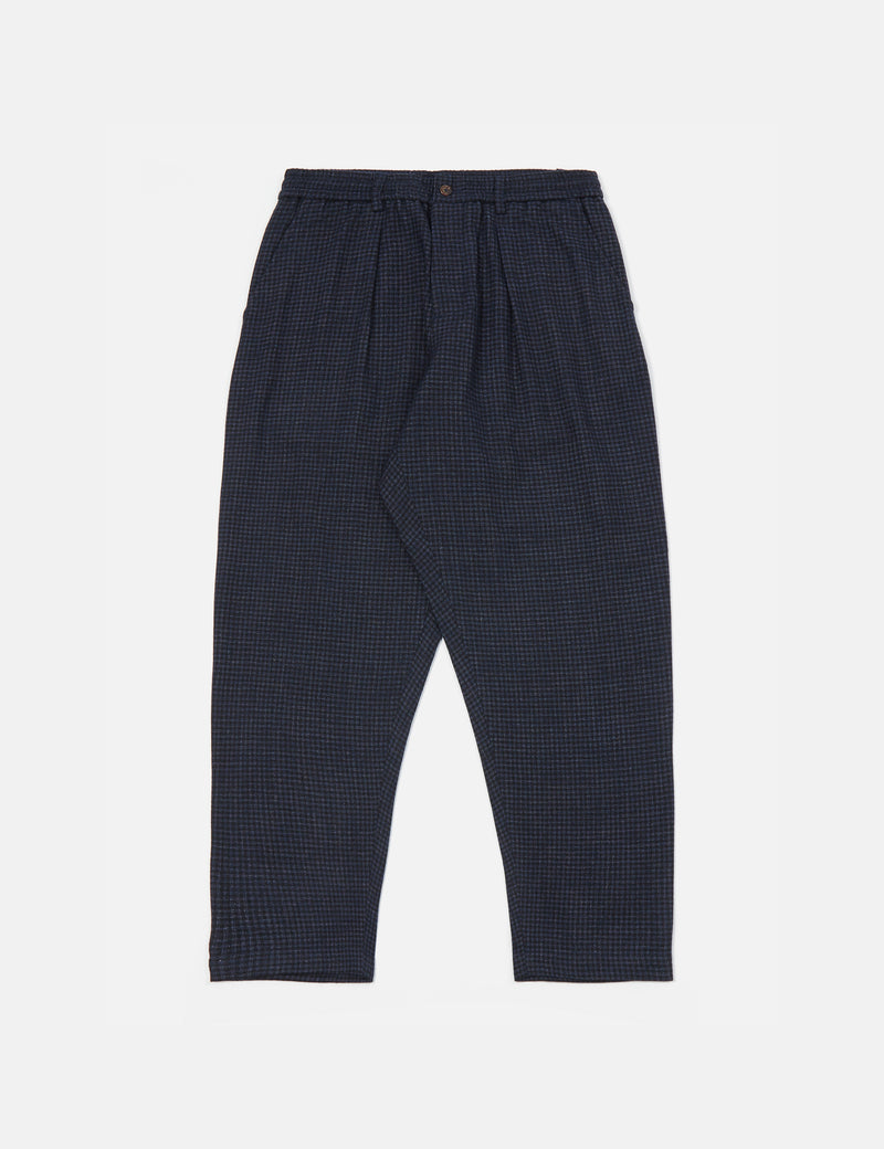 Universal Works Pleated Track Pant (Relaxed) - Navy Blue Check