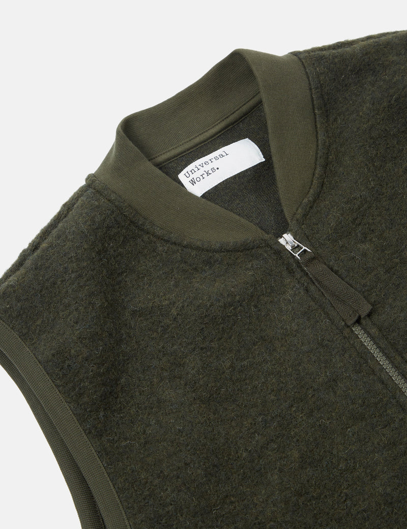 Universal Works Zip Waistcoat (Wool Fleece) - Olive Green