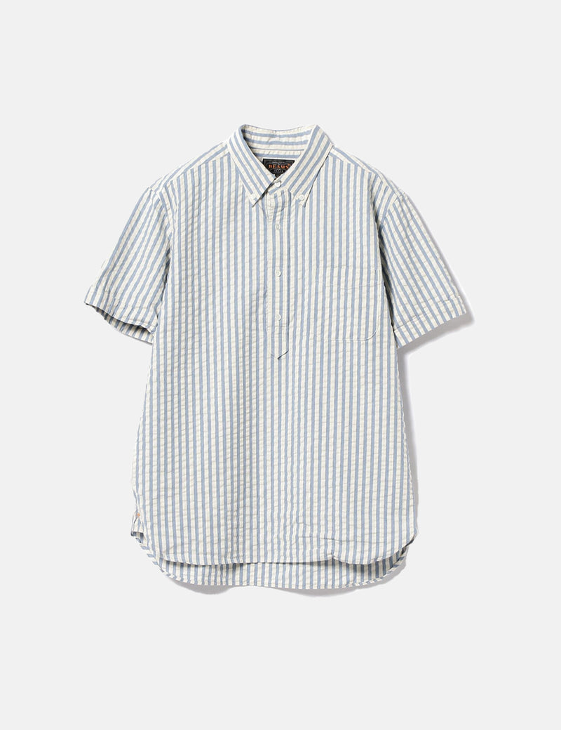 Beams Plus B.D Short Sleeve Pullover Shirt (Seersucker) - Indigo Blue
