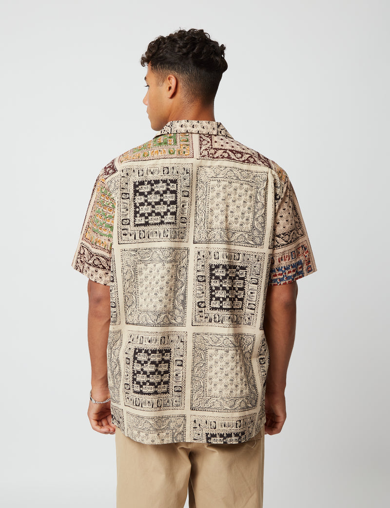 Beams Plus Open Collar Short Sleeve Shirt (Block Print) - Panel Brown