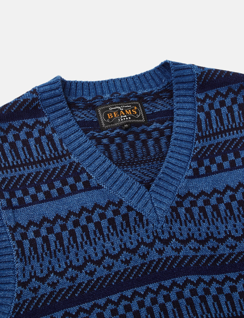 Beams Plus Indigo Knit Vest (Fair Isle Pattern) - Indigo Blue