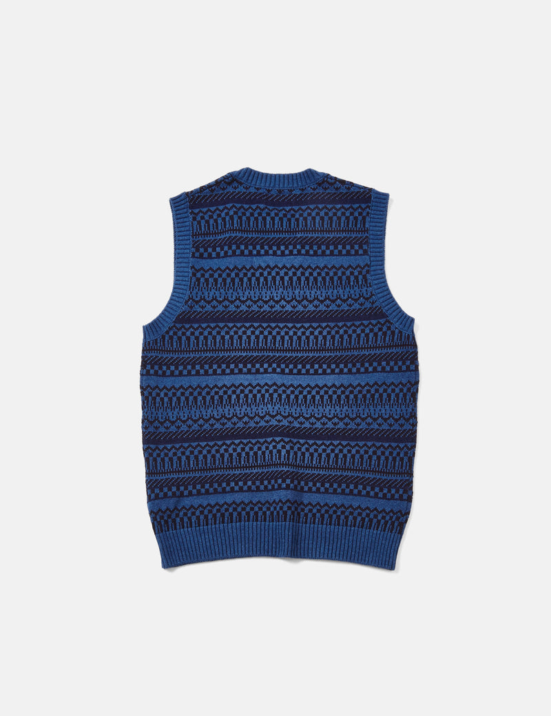 Beams Plus Indigo Knit Vest (Fair Isle Pattern) - Indigo Blue