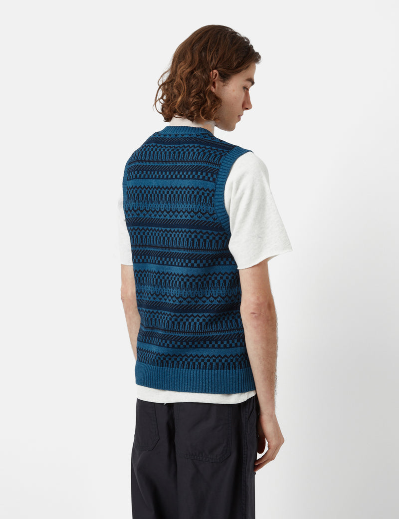 Beams Plus Indigo Knit Vest (Fair Isle Pattern) - Indigo Blue