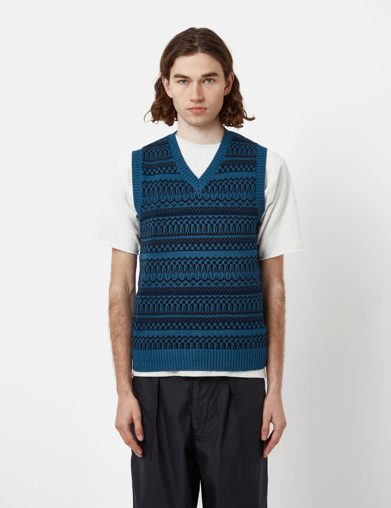 Beams Plus Indigo Knit Vest (Fair Isle Pattern) - Indigo Blue