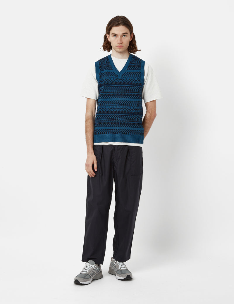Beams Plus Indigo Knit Vest (Fair Isle Pattern) - Indigo Blue
