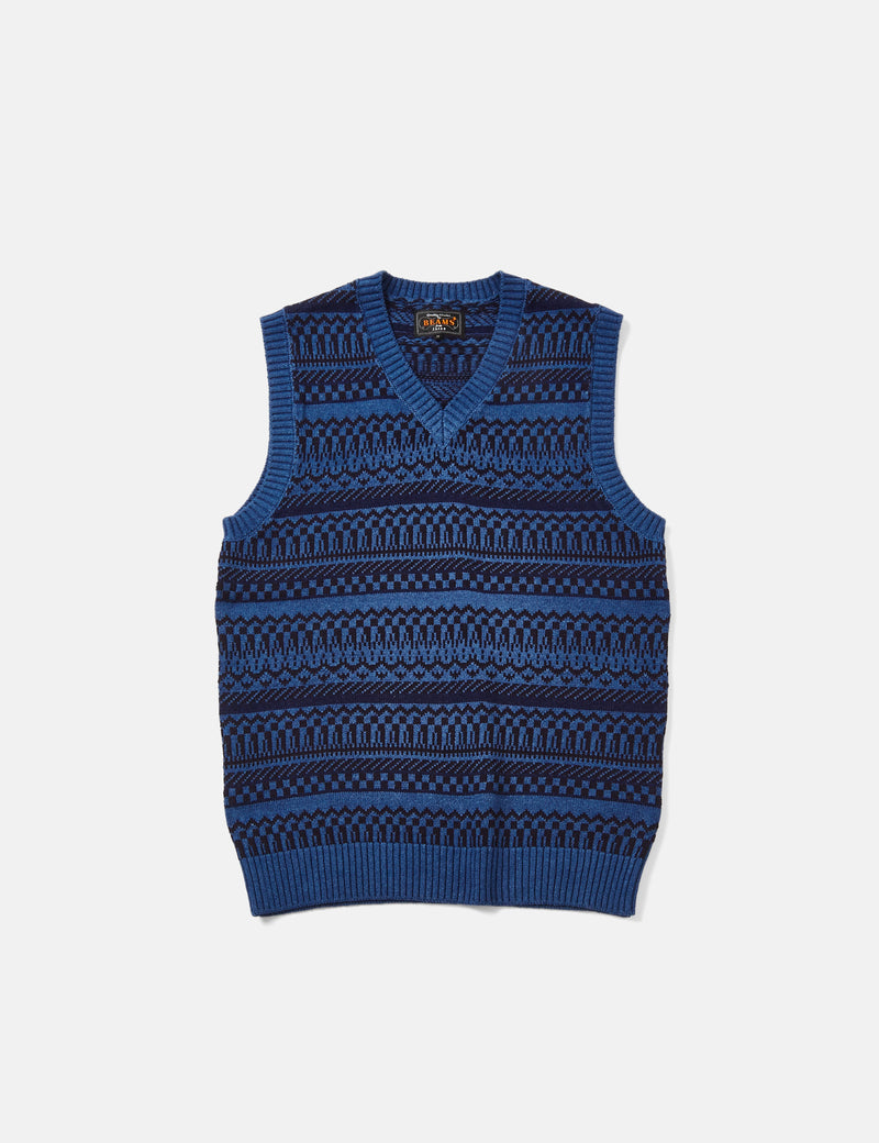 Beams Plus Indigo Knit Vest (Fair Isle Pattern) - Indigo Blue