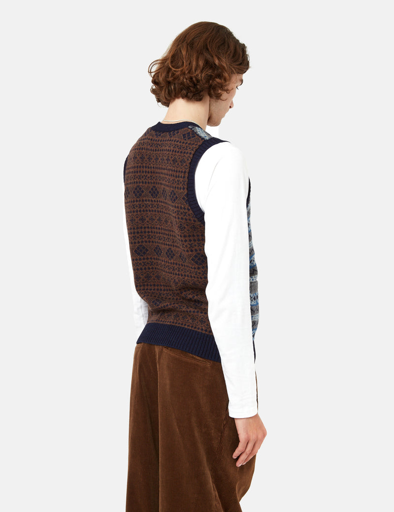 Beams Plus Button Knit Vest (Panel) - Indigo Blue Fair Isle