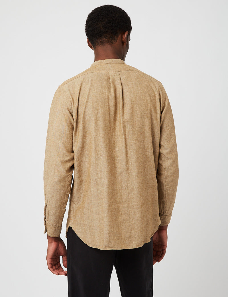 Beams Plus Band Collar Herringbone Pullover Shirt - Khaki Beige
