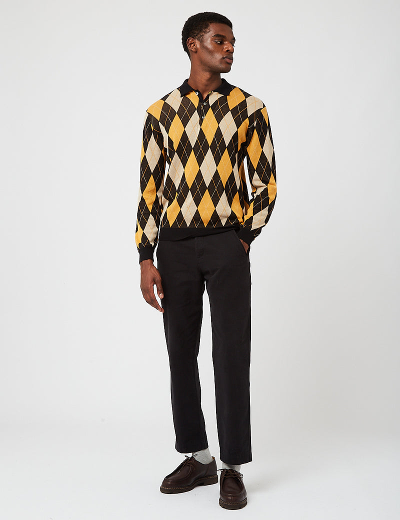 Beams Plus Knit Argyle Polo Shirt - Black
