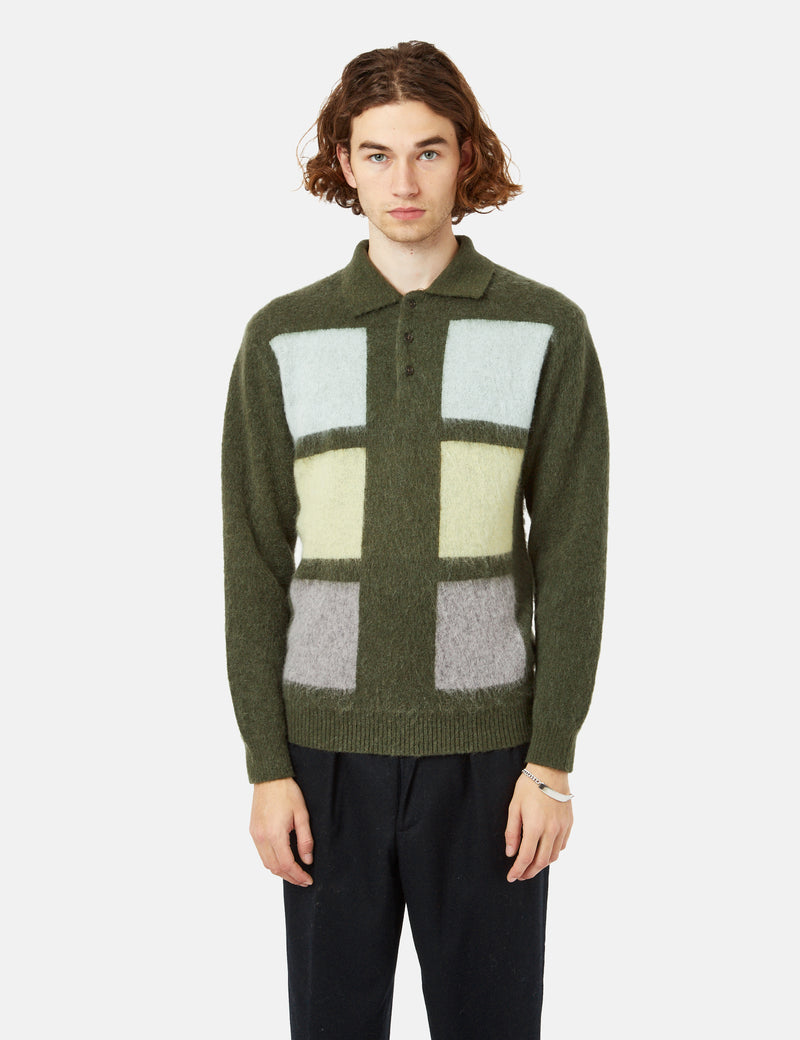 Beams Plus Shaggy 9G Knit Polo Shirt - Olive Green