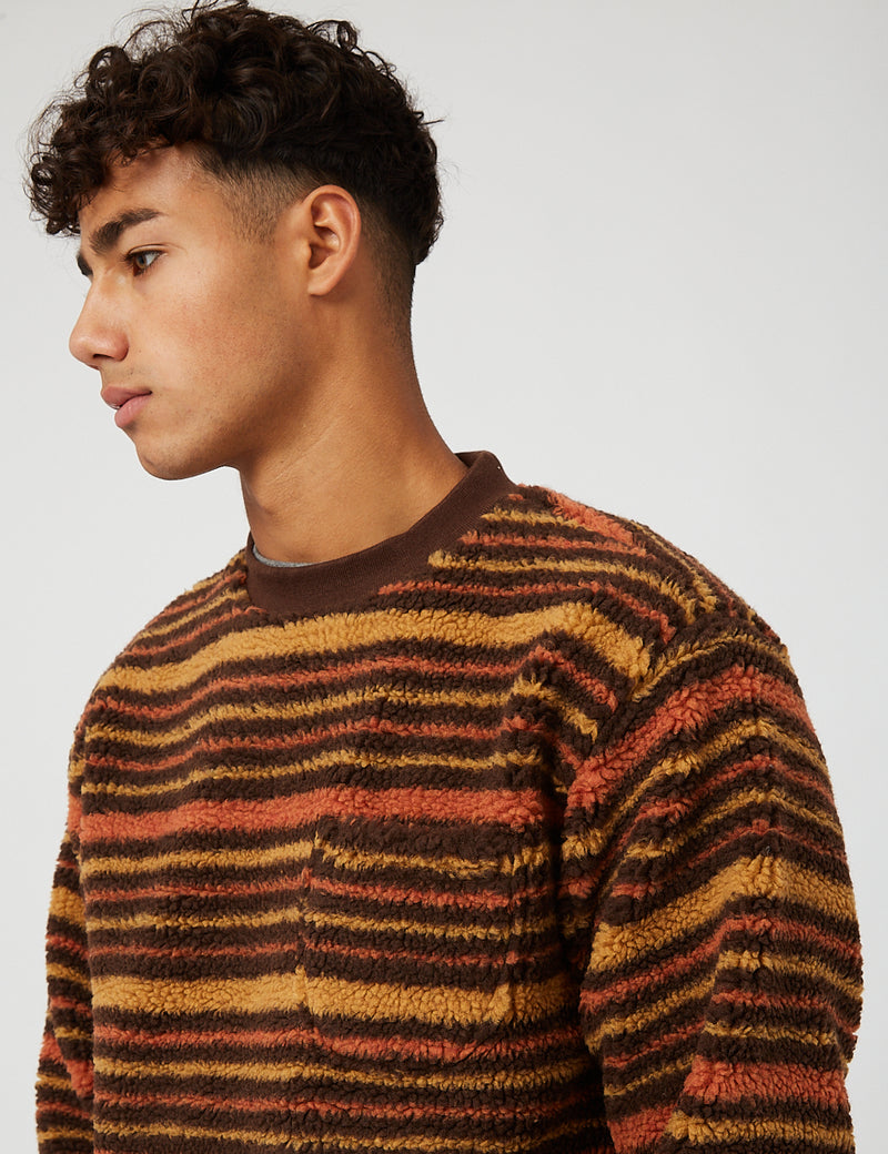 Beams Plus Stripe Fleece Crew Sweatshirt - Brown