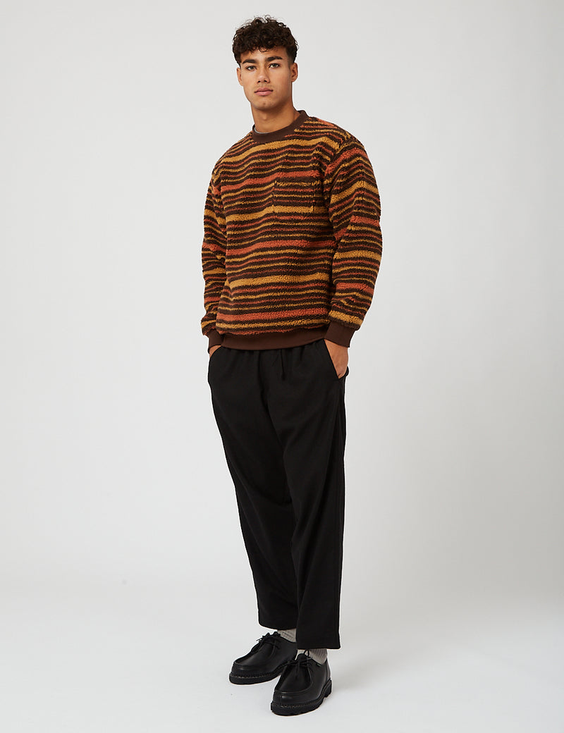 Beams Plus Stripe Fleece Rundhals-Sweatshirt - Braun