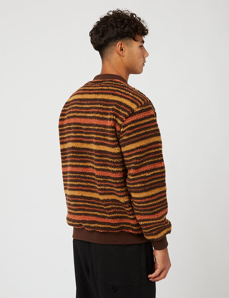 Beams Plus Stripe Fleece Rundhals-Sweatshirt - Braun