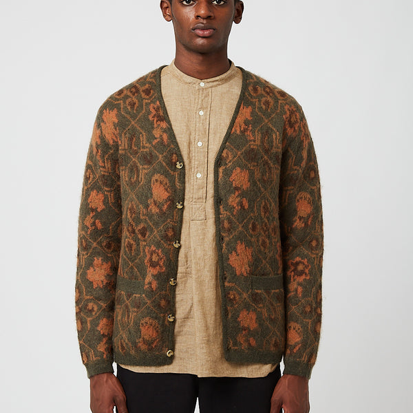 Beamsプラスボタニカルパターンジャカードカーディガン-オリーブ