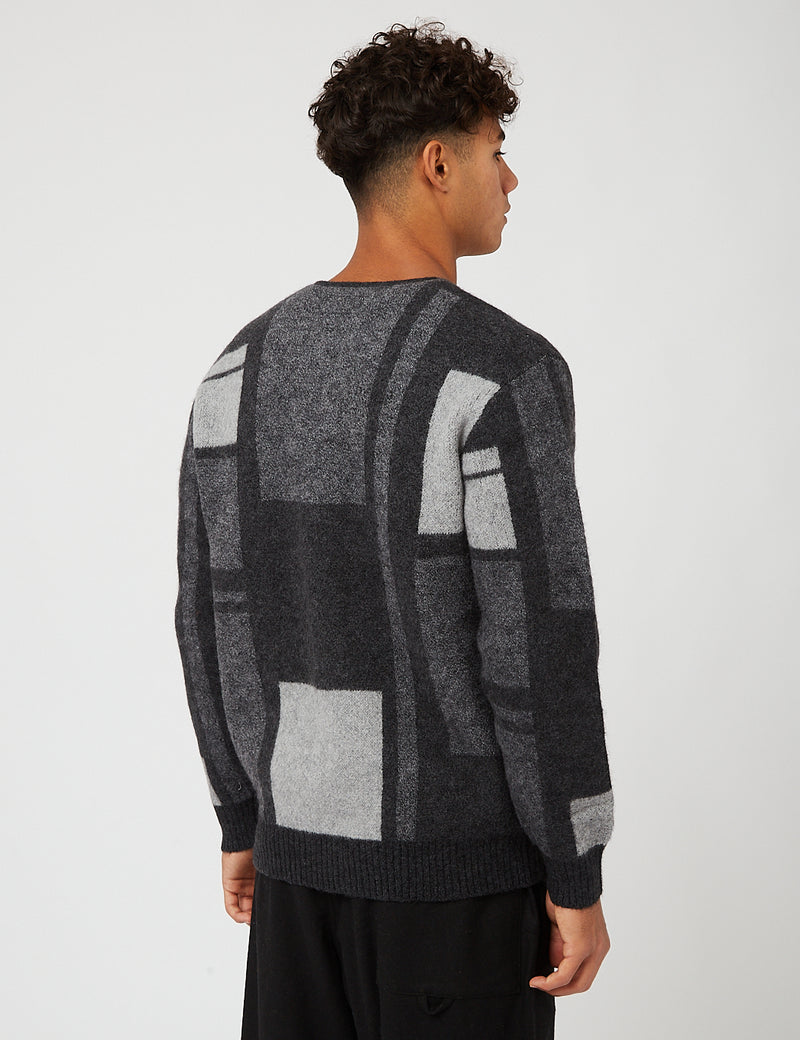 Beams Plus Panel Pattern Shaggy Cardigan - Charcoal Grey