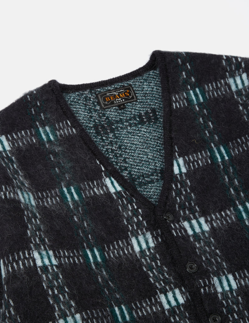 Beams Plus Mohair 9G Cardigan (Jacquard Check) - Black