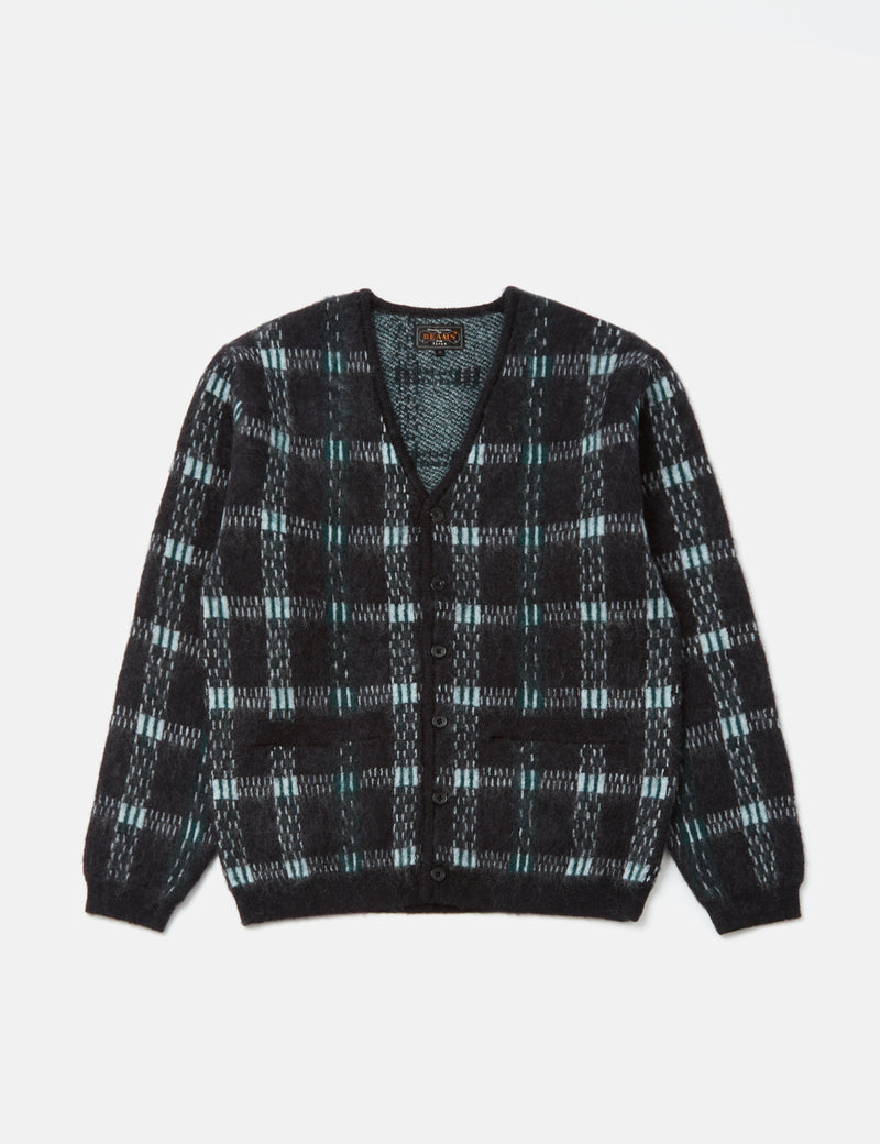 Beams Plus Mohair 9G Cardigan (Jacquard Check) - Black