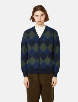 Beams Plus Double Jacquard Cardigan (Argyle Pattern) - Navy Blue