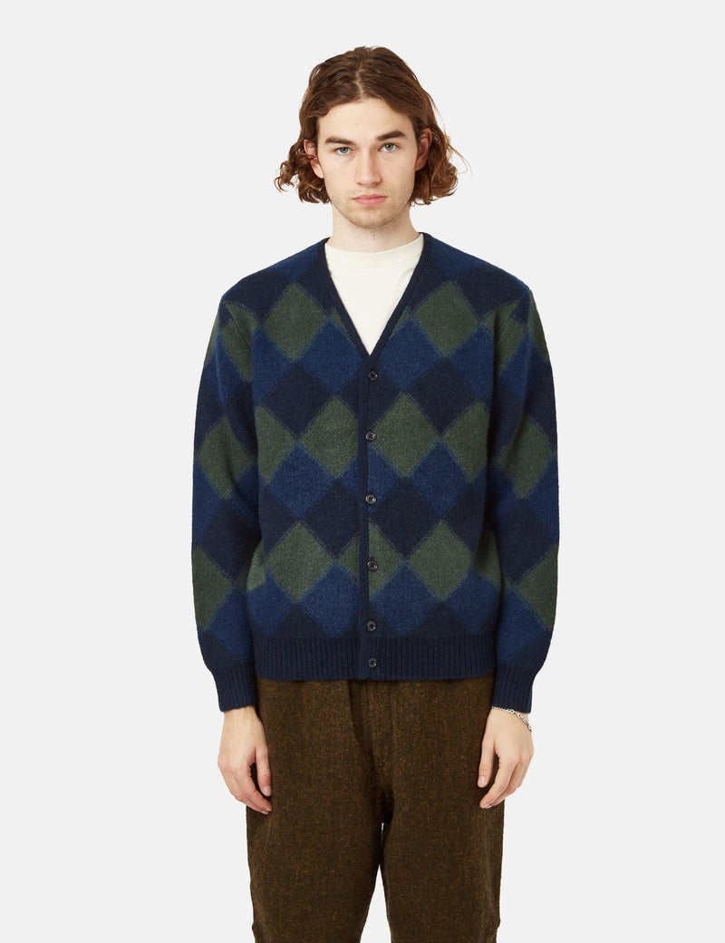 Beams Plus Double Jacquard Cardigan (Argyle Pattern) - Navy Blue
