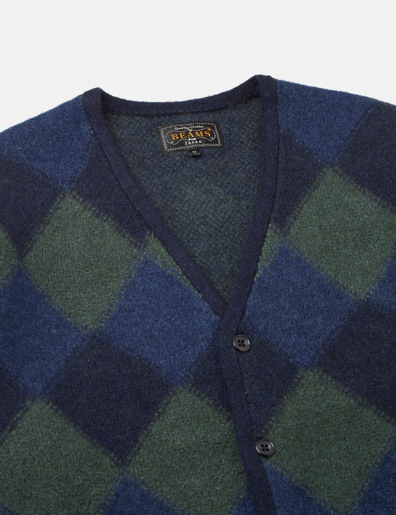 Beams Plus Double Jacquard Cardigan (Argyle Pattern) - Navy Blue