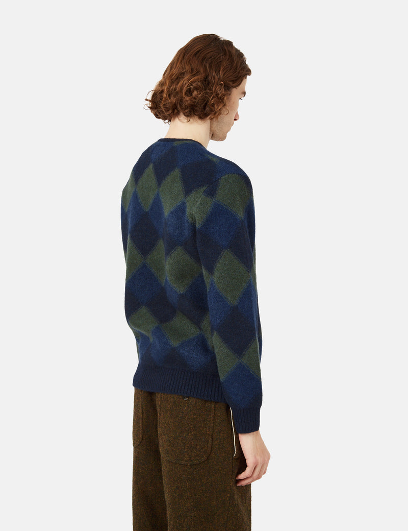 Beams Plus Double Jacquard Cardigan (Argyle Pattern) - Navy Blue