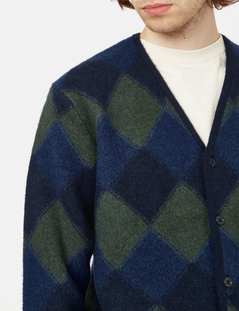 Beams Plus Double Jacquard Cardigan (Argyle Pattern) - Navy Blue