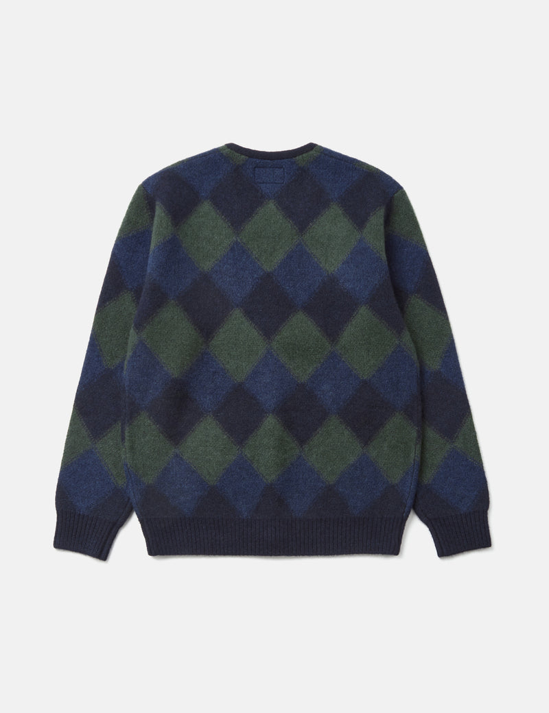 Beams Plus Double Jacquard Cardigan (Argyle Pattern) - Navy Blue