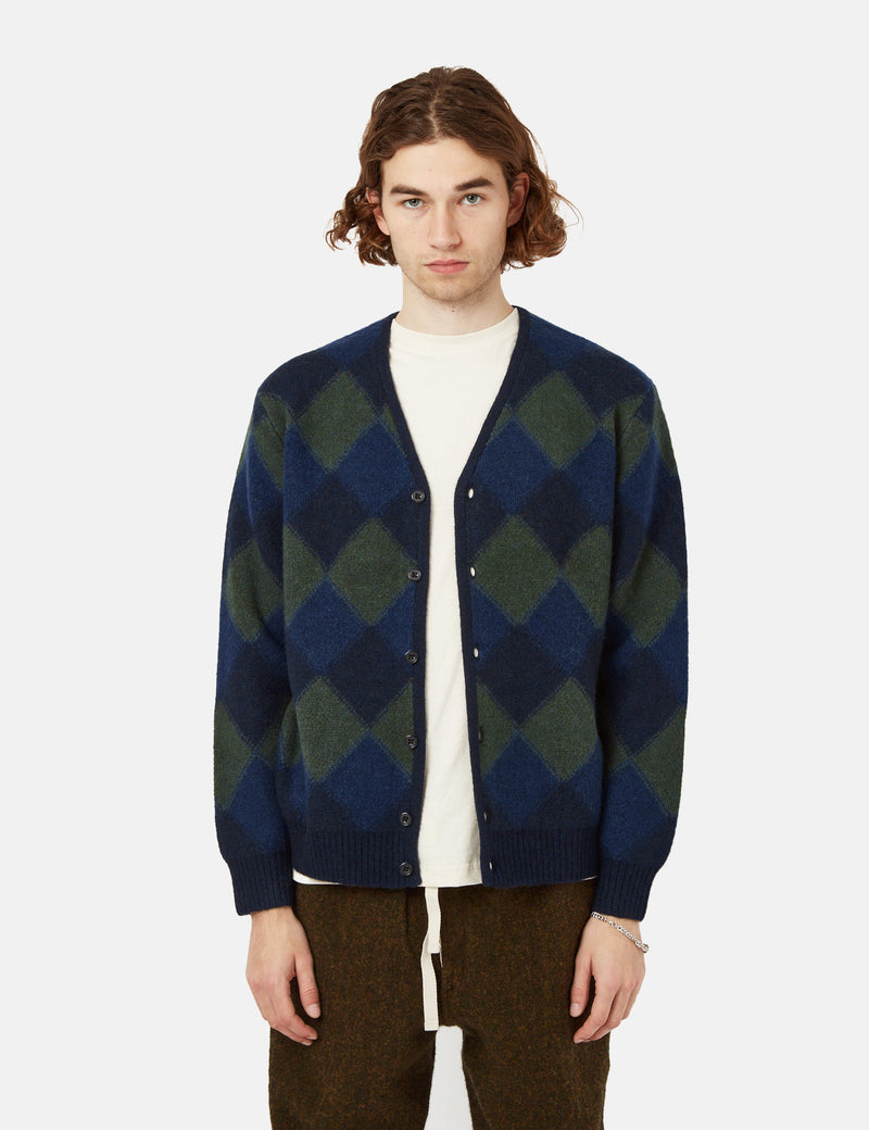 Beams Plus Double Jacquard Cardigan (Argyle Pattern) - Navy Blue