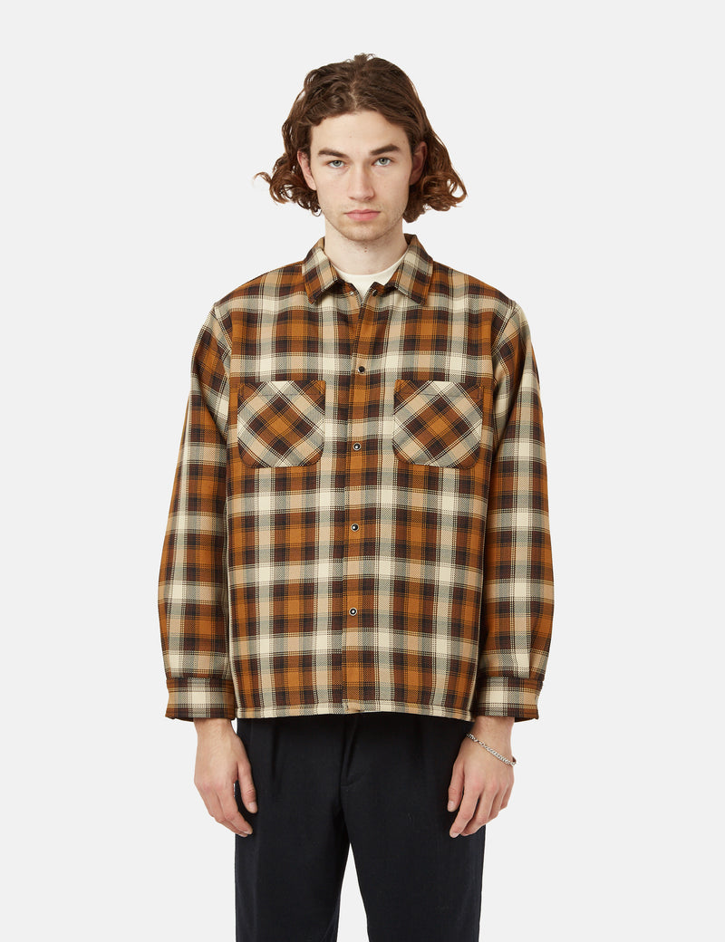 Beams Plus Quilt Open Collar Shirt (Ombre Check) - Mustard Yellow