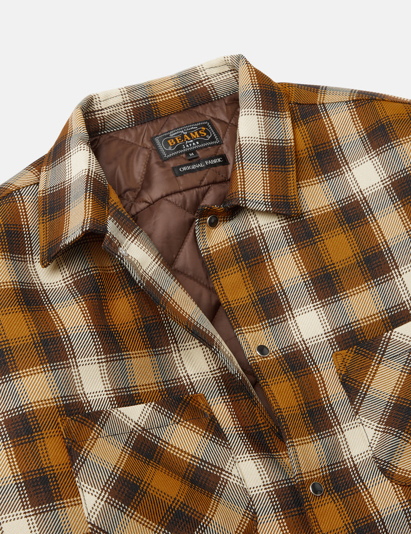 Beams Plus Quilt Open Collar Shirt (Ombre Check) - Mustard Yellow