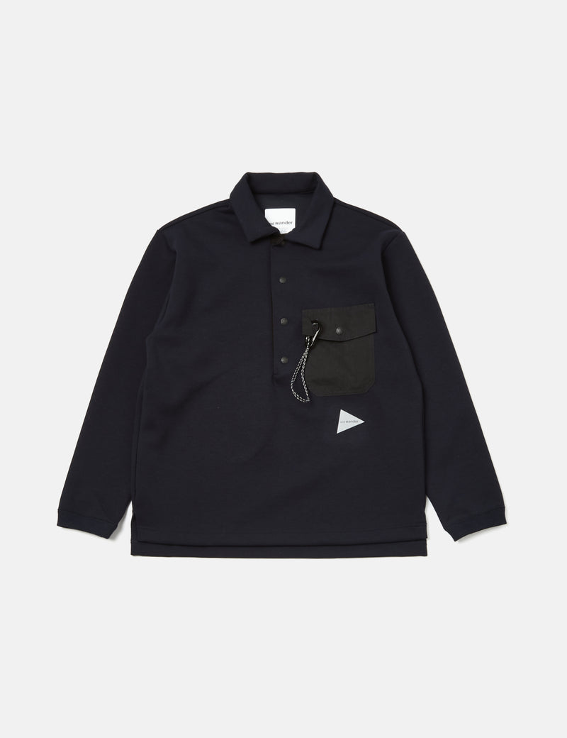 And Wander Airly Warm Button Pullover - Dark Navy Blue