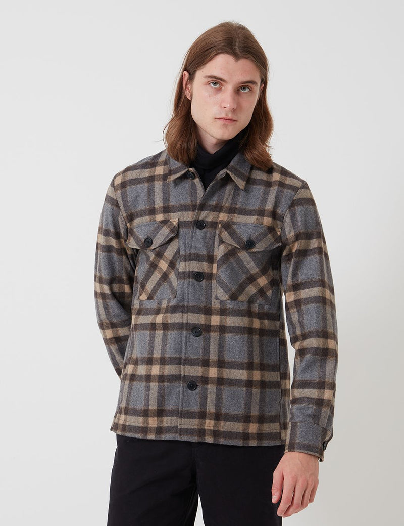 Bhode Check Overshirt (Italian Wool) - Grey/Brown
