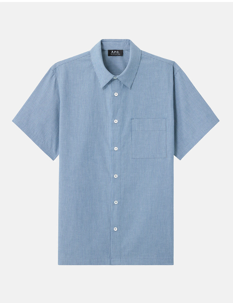 A.P.C. Bruce Short Sleeve Shirt (Striped Chambray) - Blue