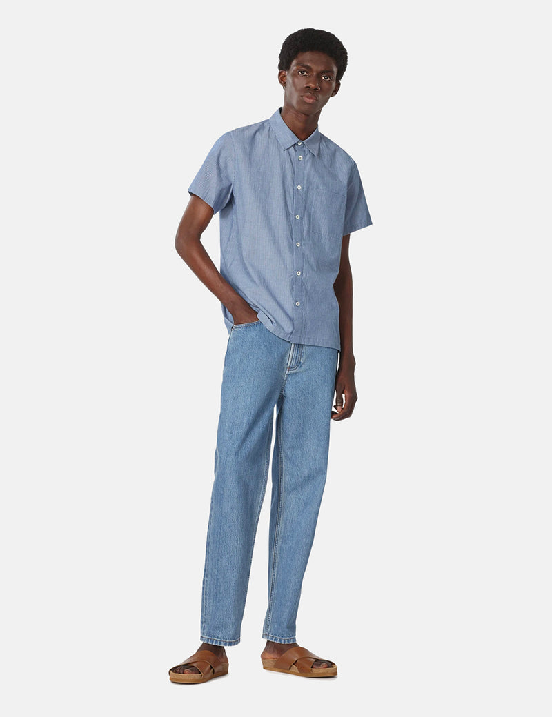 A.P.C. Bruce Short Sleeve Shirt (Striped Chambray) - Blue