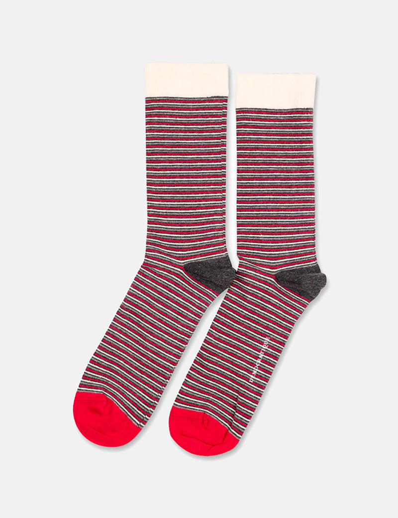 Democratique Ultralight Stripe Socks - Charcoal/Red/Grey Melange/Off White